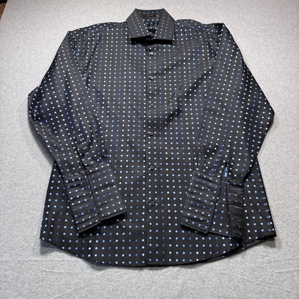 Leonardi Mens 2XL Black Blue Polka Dot French Cuff‎ Button Up Shirt Long Sleeve